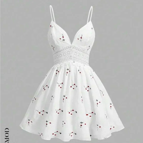 MOD Women's Floral Embroidery Lace Patchwork Cami Dress white red cherry SZ SM - Picture 2 of 9